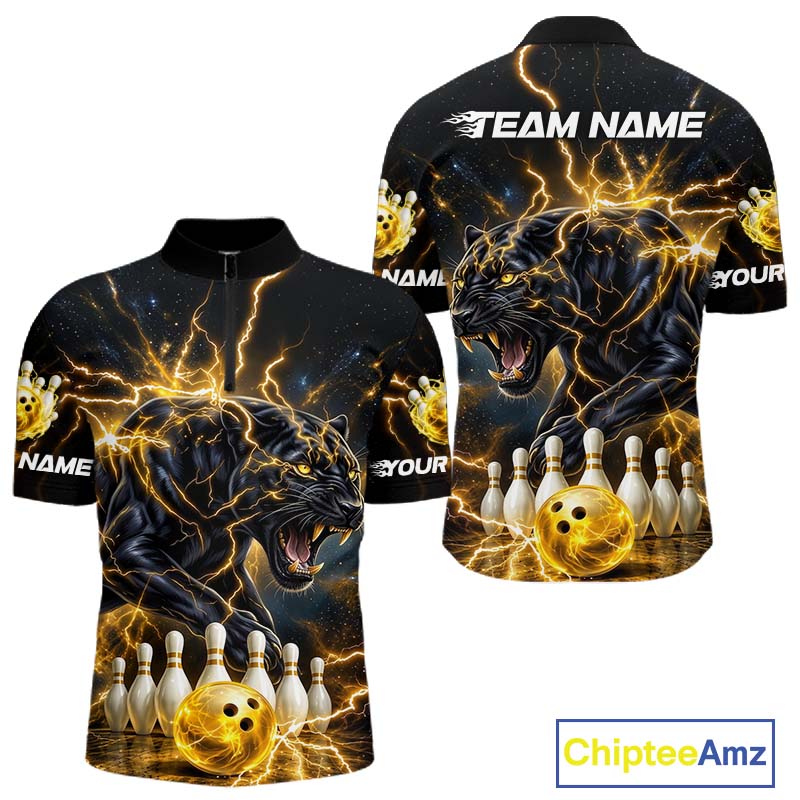 Yellow Thunder Lightning Custom Panther Bowling Shirt, Bowling Team Jersey Polo & 1/4 Zip