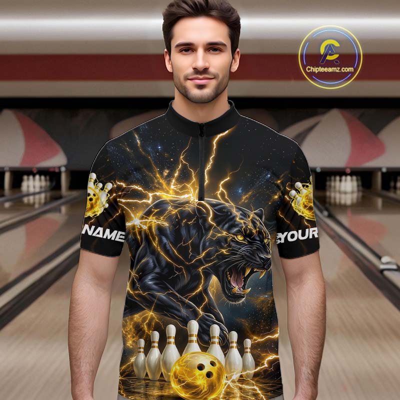 Yellow Thunder Lightning Custom Panther Bowling Shirt, Bowling Team Jersey Polo & 1/4 Zip