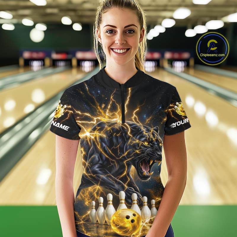 Yellow Thunder Lightning Custom Panther Bowling Shirt, Bowling Team Jersey Polo & 1/4 Zip