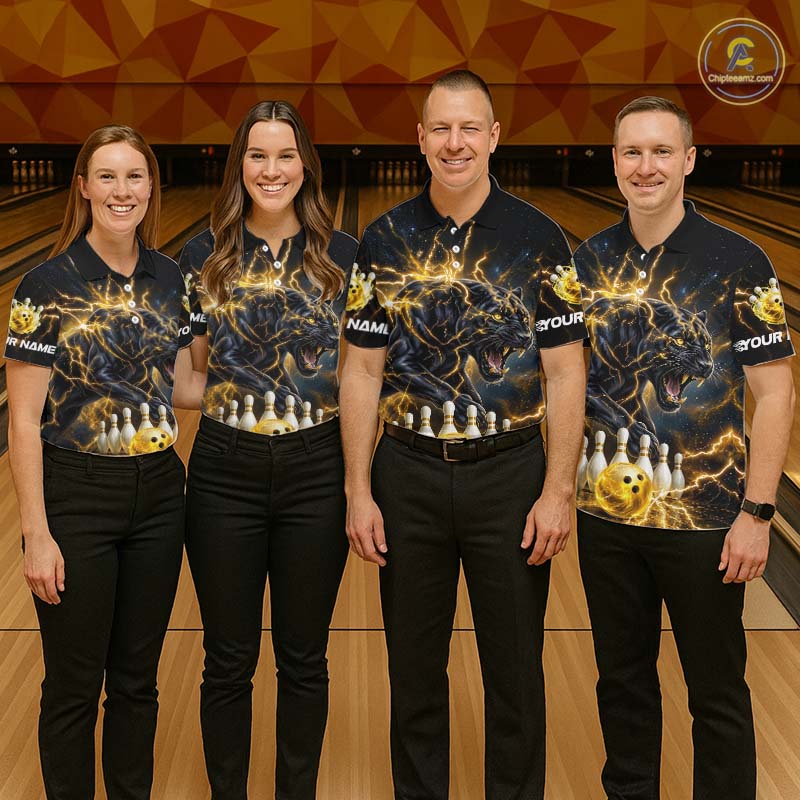 Yellow Thunder Lightning Custom Panther Bowling Shirt, Bowling Team Jersey Polo & 1/4 Zip