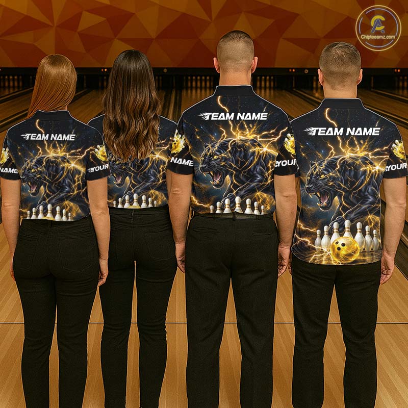 Yellow Thunder Lightning Custom Panther Bowling Shirt, Bowling Team Jersey Polo & 1/4 Zip
