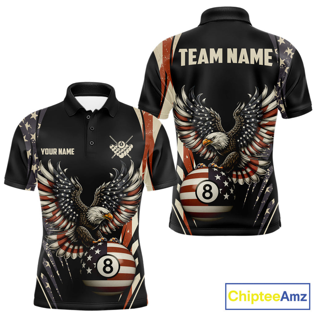 Personalized Vintage American Flag Eagle Billiard Shirt, Patriotic 8 Ball Pool Team Jersey
