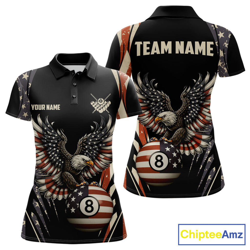 Personalized Vintage American Flag Eagle Billiard Shirt, Patriotic 8 Ball Pool Team Jersey