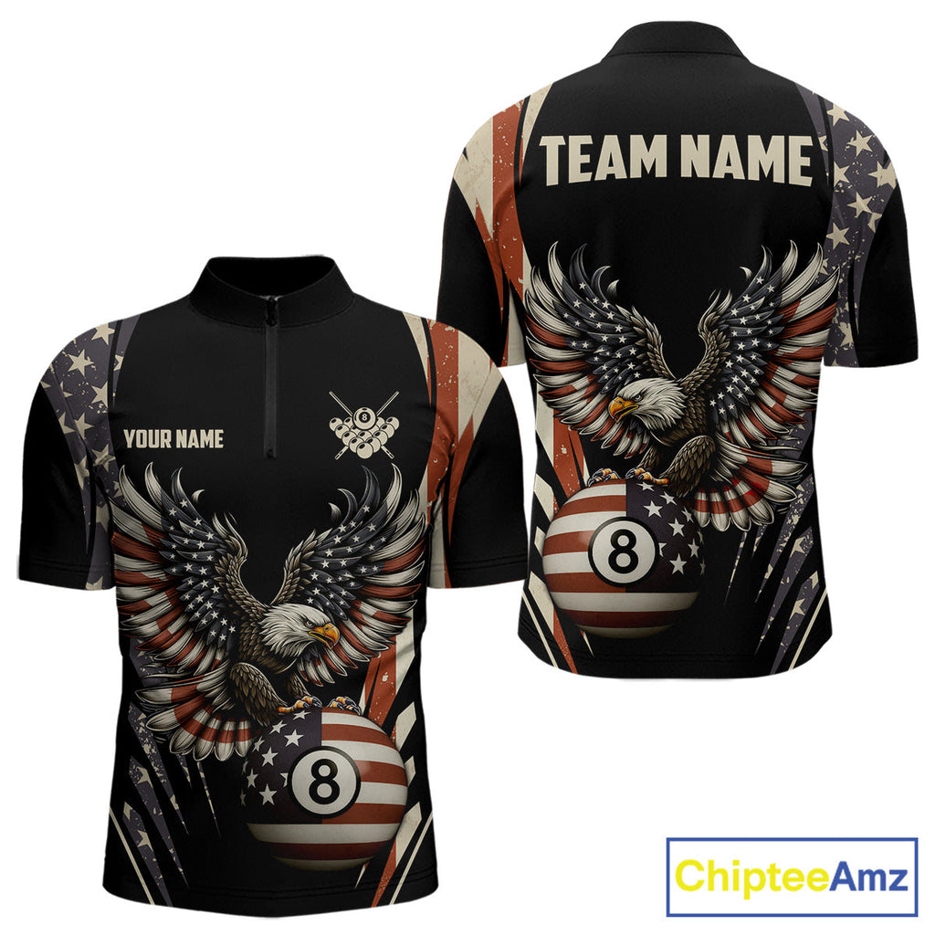Personalized Vintage American Flag Eagle Billiard Shirt, Patriotic 8 Ball Pool Team Jersey