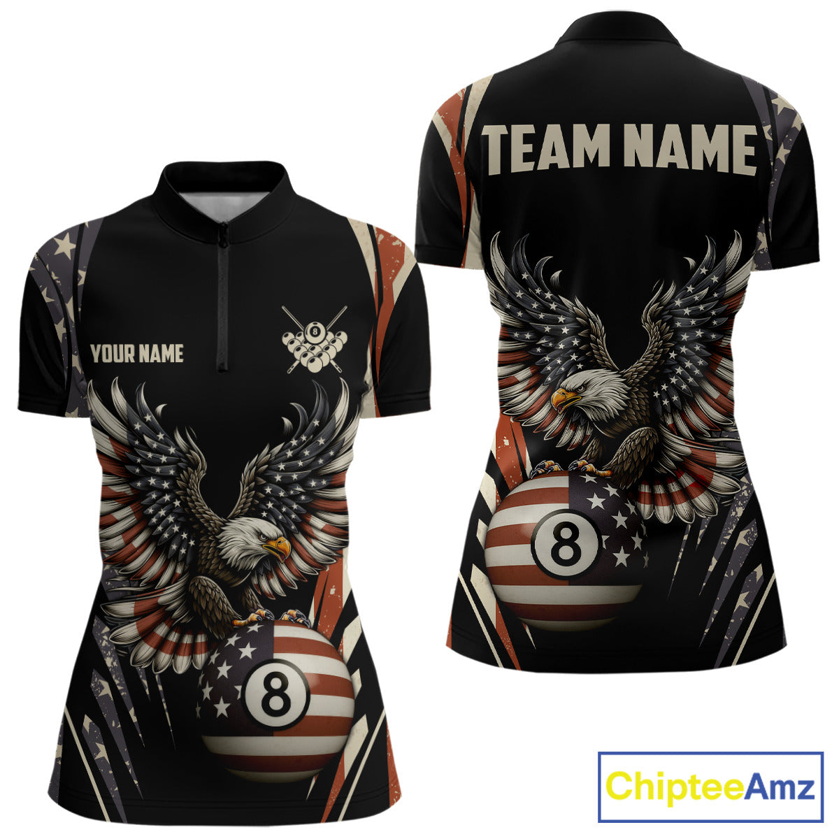 Personalized Vintage American Flag Eagle Billiard Shirt, Patriotic 8 Ball Pool Team Jersey