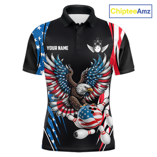 Personalized American Flag Eagle Bowling Polo & 1/4 Zip, Patriotic Bowling Team Jersey