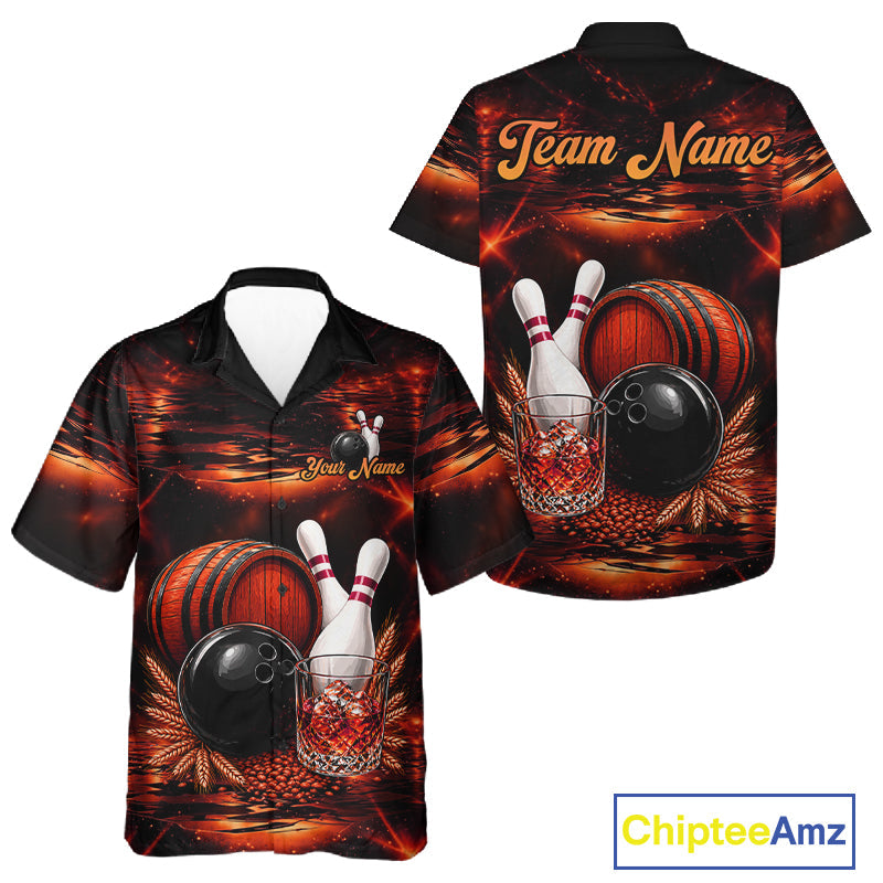Personalized Red Vintage Bourbon Bowling Hawaiian Shirt, Bowling Button Up Team Shirt