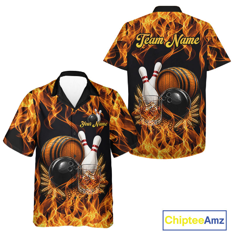 Personalized Bourbon Fire Flame Bowling Hawaiian Shirt Custom Bowling Button Up Team Shirt