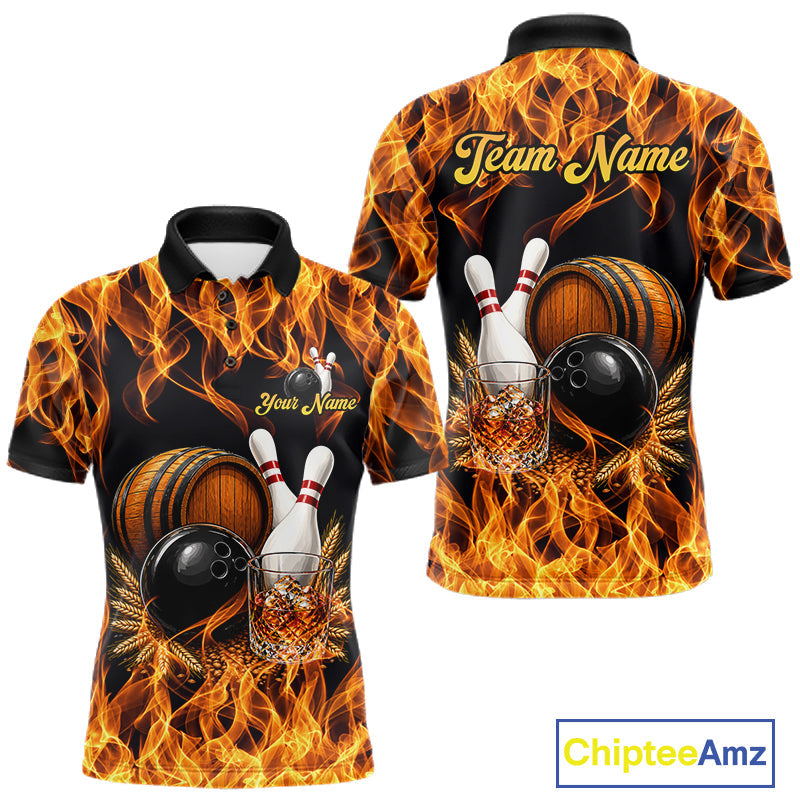 Personalized Bourbon Fire Flame Bowling Shirt Custom Bowling Jersey Team Polo & 1/4 Zip