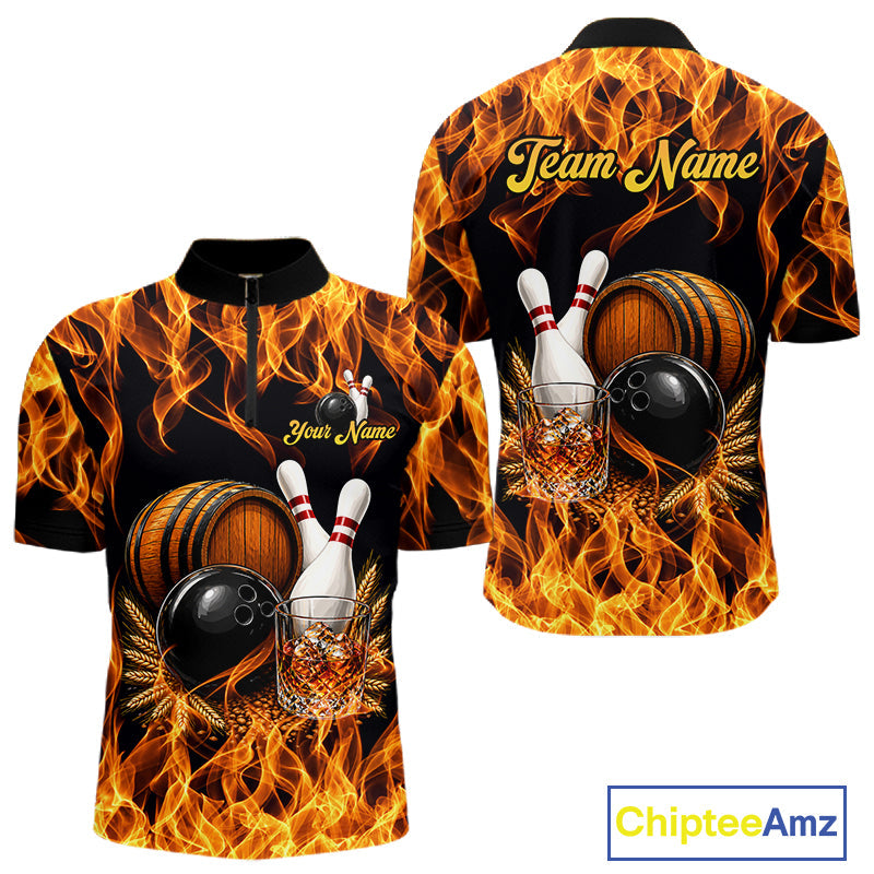 Personalized Bourbon Fire Flame Bowling Shirt Custom Bowling Jersey Team Polo & 1/4 Zip
