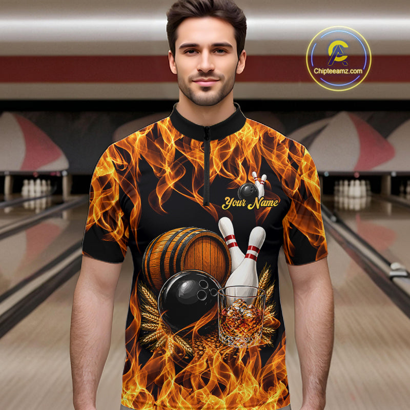 Personalized Bourbon Fire Flame Bowling Shirt Custom Bowling Jersey Team Polo & 1/4 Zip