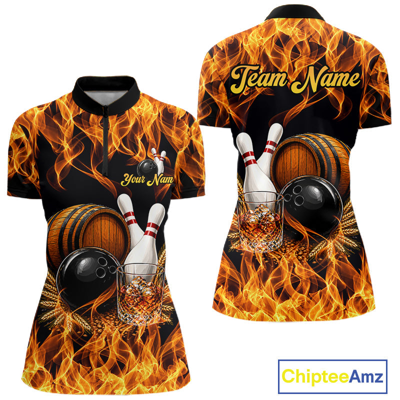 Personalized Bourbon Fire Flame Bowling Shirt Custom Bowling Jersey Team Polo & 1/4 Zip