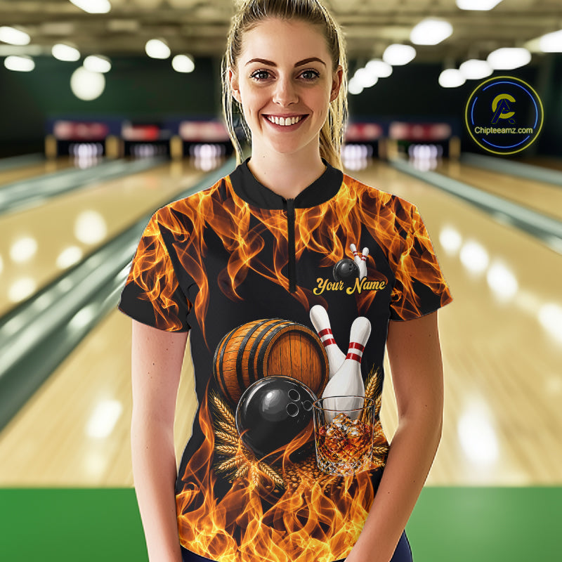 Personalized Bourbon Fire Flame Bowling Shirt Custom Bowling Jersey Team Polo & 1/4 Zip