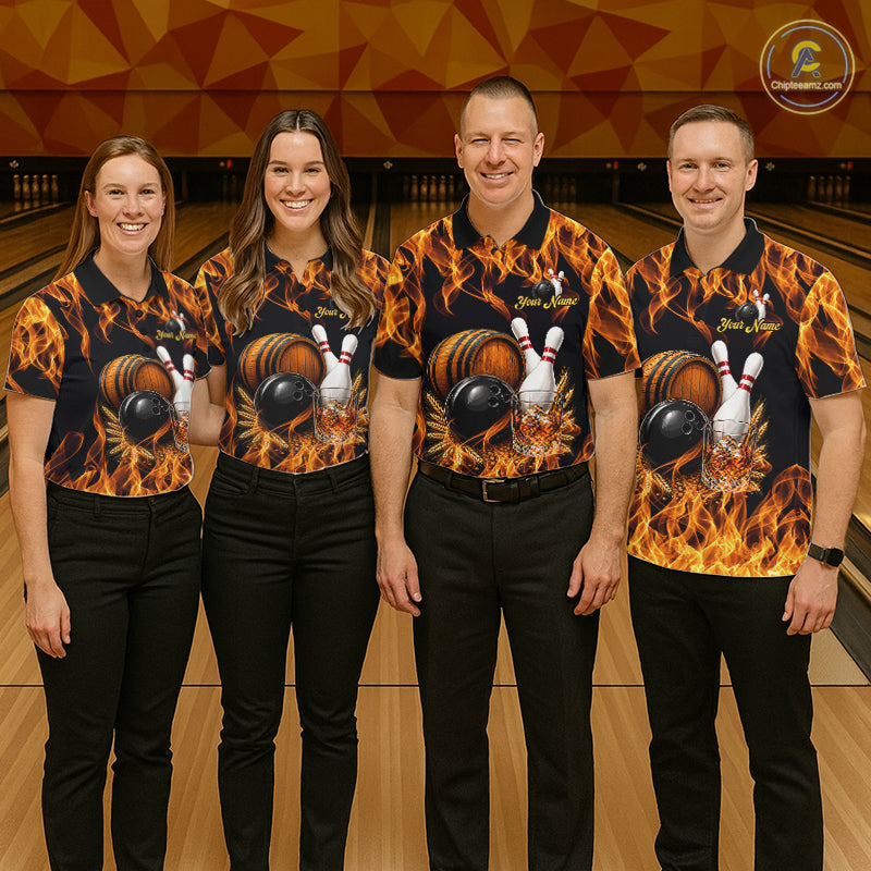 Personalized Bourbon Fire Flame Bowling Shirt Custom Bowling Jersey Team Polo & 1/4 Zip