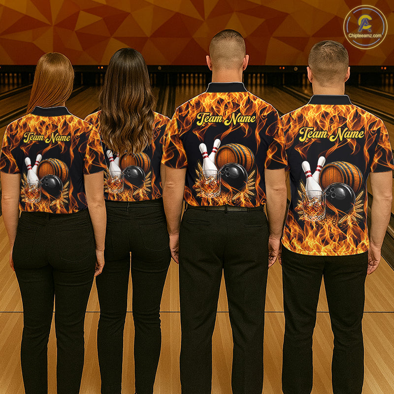 Personalized Bourbon Fire Flame Bowling Shirt Custom Bowling Jersey Team Polo & 1/4 Zip