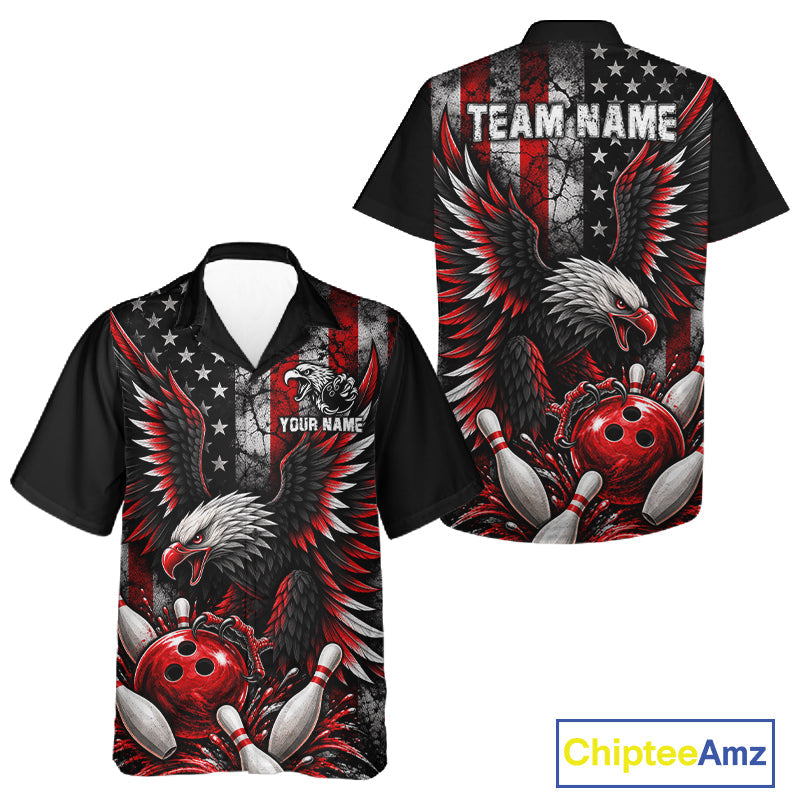Custom Red Grunge American Flag Eagle Patriotic Bowling Hawaiian Shirt, Retro Bowling Team Jersey