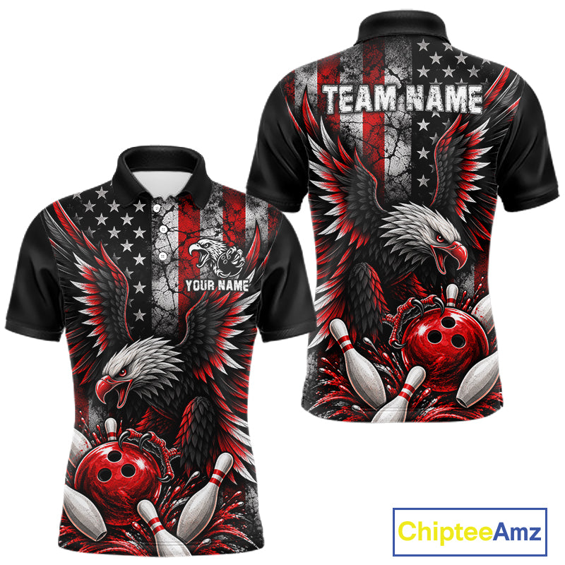 Custom Red Grunge American Flag Patriotic Eagle Bowling Shirt, Retro Bowling Team Jersey