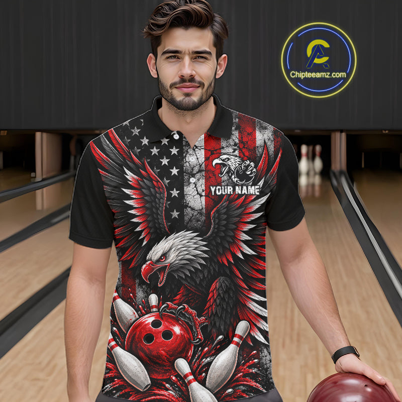 Custom Red Grunge American Flag Patriotic Eagle Bowling Shirt, Retro Bowling Team Jersey