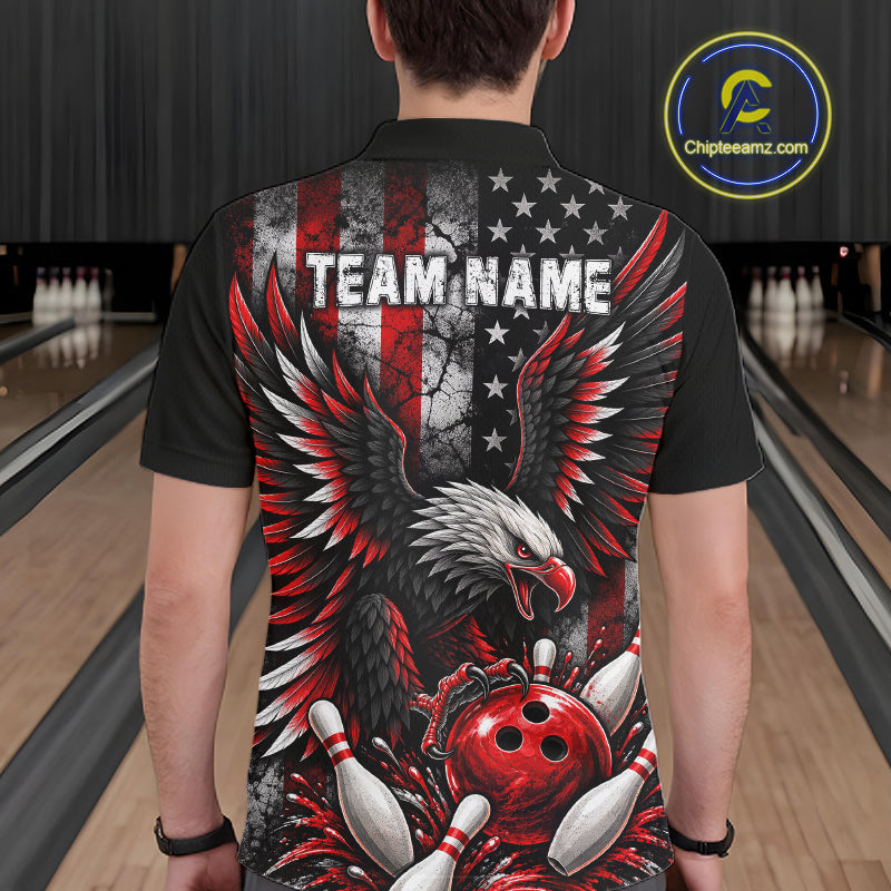 Custom Red Grunge American Flag Patriotic Eagle Bowling Shirt, Retro Bowling Team Jersey