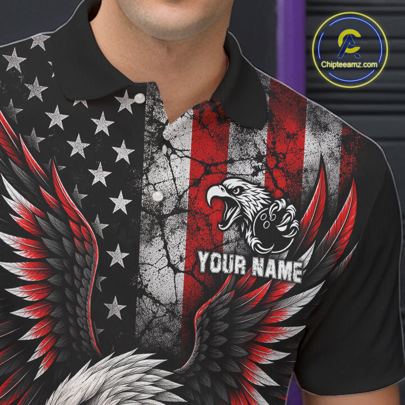 Custom Red Grunge American Flag Patriotic Eagle Bowling Shirt, Retro Bowling Team Jersey