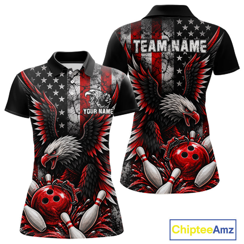 Custom Red Grunge American Flag Patriotic Eagle Bowling Shirt, Retro Bowling Team Jersey