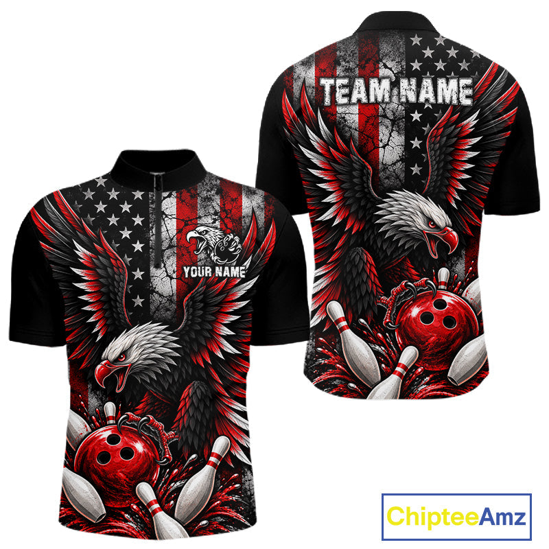 Custom Red Grunge American Flag Patriotic Eagle Bowling Shirt, Retro Bowling Team Jersey