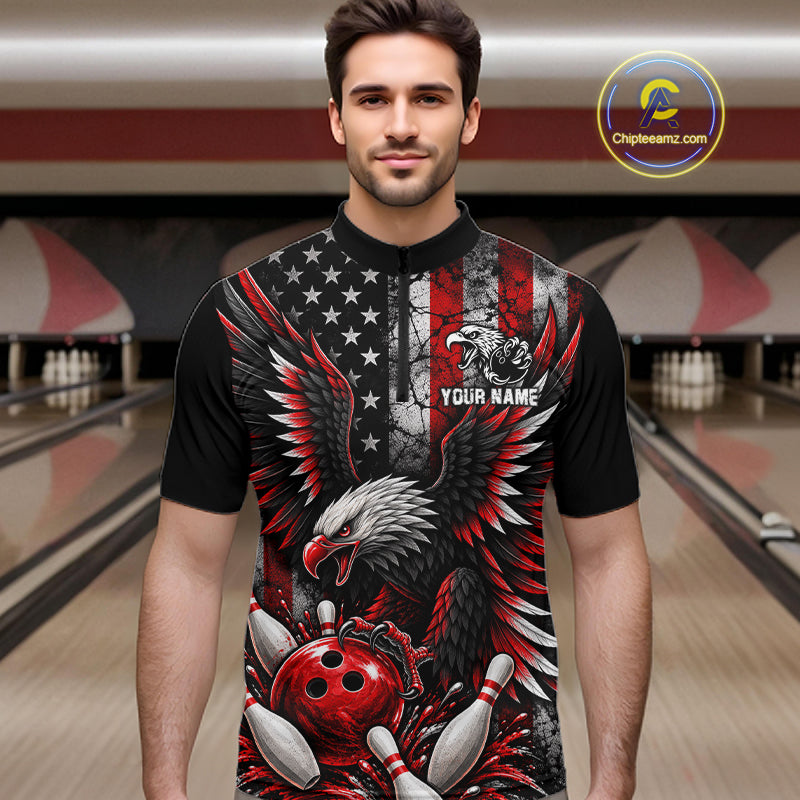 Custom Red Grunge American Flag Patriotic Eagle Bowling Shirt, Retro Bowling Team Jersey