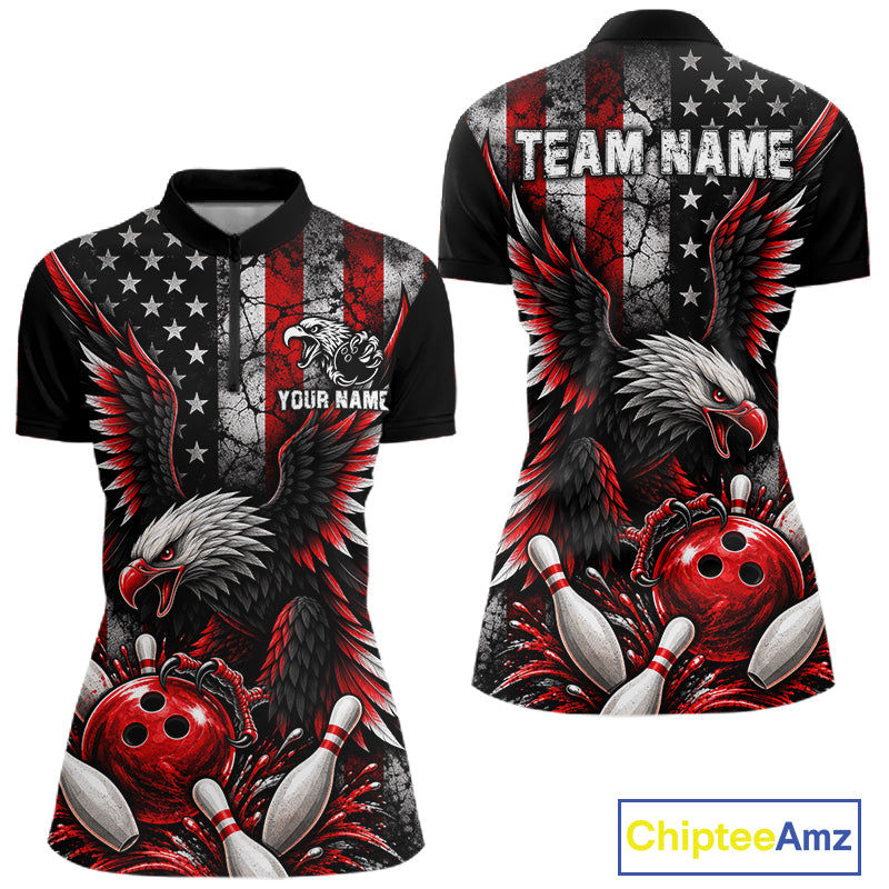 Custom Red Grunge American Flag Patriotic Eagle Bowling Shirt, Retro Bowling Team Jersey