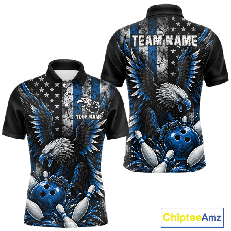 Custom Blue Grunge US Flag Patriotic Eagle Bowling Shirt, Retro Bowling Team Jersey