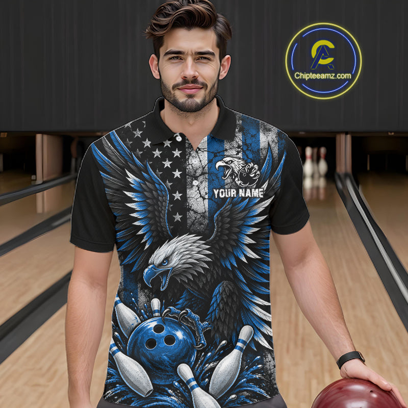 Custom Blue Grunge US Flag Patriotic Eagle Bowling Shirt, Retro Bowling Team Jersey