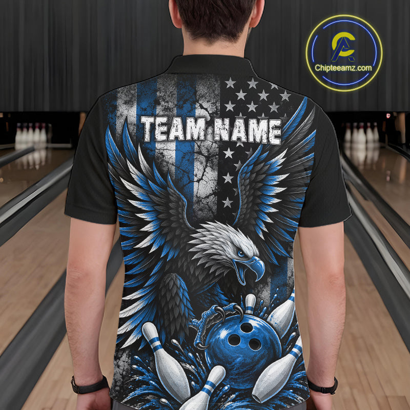 Custom Blue Grunge US Flag Patriotic Eagle Bowling Shirt, Retro Bowling Team Jersey