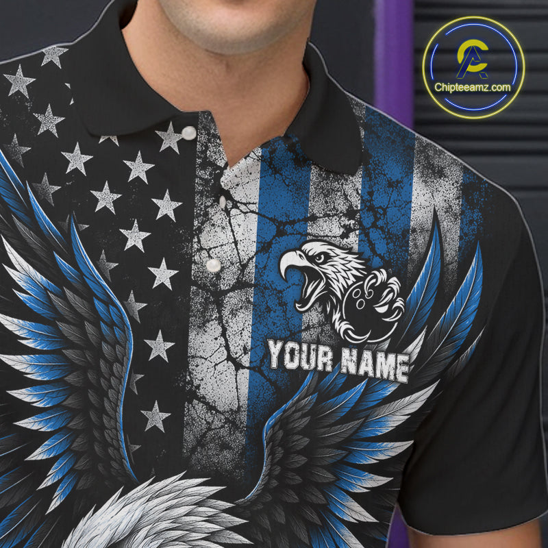 Custom Blue Grunge US Flag Patriotic Eagle Bowling Shirt, Retro Bowling Team Jersey