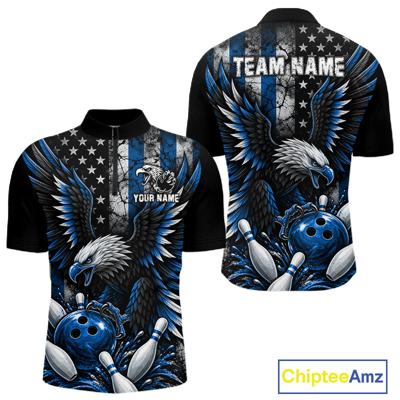 Custom Blue Grunge US Flag Patriotic Eagle Bowling Shirt, Retro Bowling Team Jersey