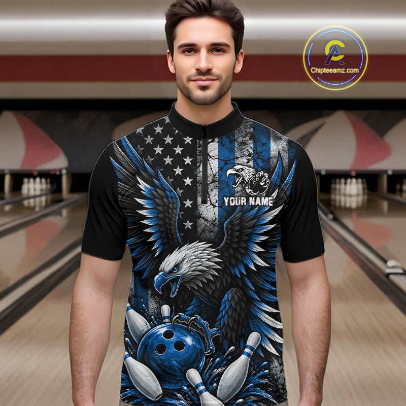 Custom Blue Grunge US Flag Patriotic Eagle Bowling Shirt, Retro Bowling Team Jersey
