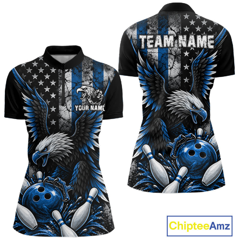 Custom Blue Grunge US Flag Patriotic Eagle Bowling Shirt, Retro Bowling Team Jersey
