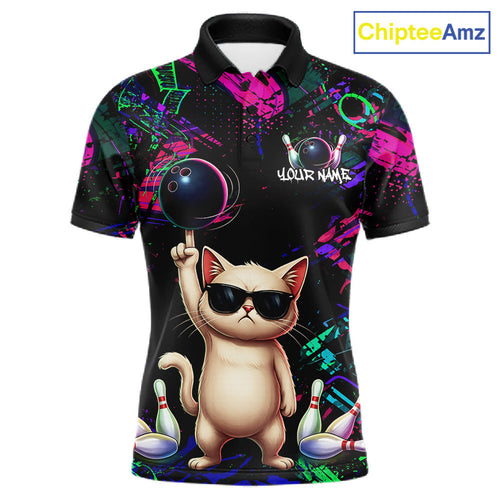 Custom Funny Cat Graffiti Bowling Shirt, Personalized Bowling Team Jersey Polo & 1/4 Zip