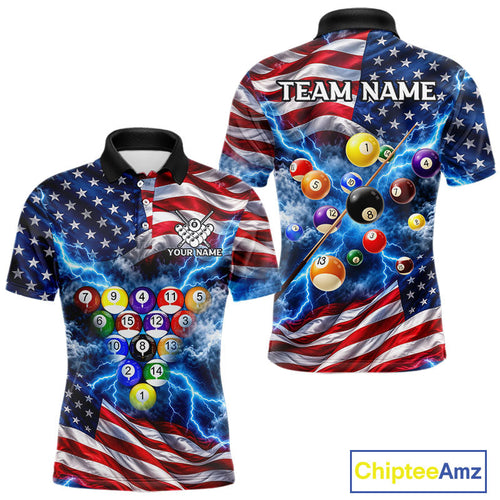 Blue American Flag Lightning Thunder Billiard Jersey Custom Patriotic Pool Team Shirts