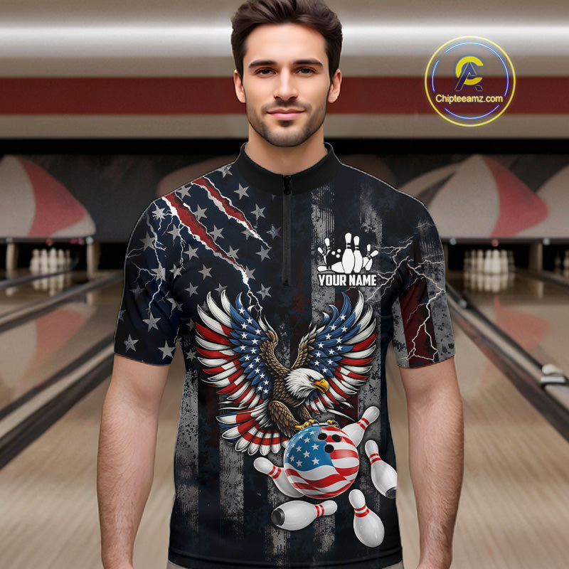 Vintage American Flag Eagle Patriotic Bowling Shirt Custom Bowling League Team Jersey
