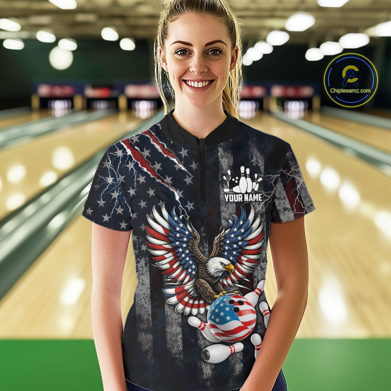 Vintage American Flag Eagle Patriotic Bowling Shirt Custom Bowling League Team Jersey