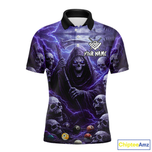 Purple Grim Reaper Lightning Billiard Shirt Custom Skull Pool Team Jersey Polo & 1/4 Zip