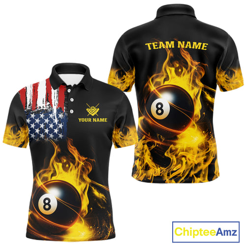 Yellow Flaming American Flag 8 Ball Billiard Shirt Custom Patriotic Pool Team Jersey