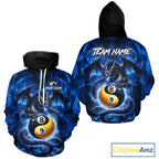 Custom Blue YinYang Dragon 8 Ball 9 Ball Pool Hoodie Shirt, Billiard Team Hoodie And