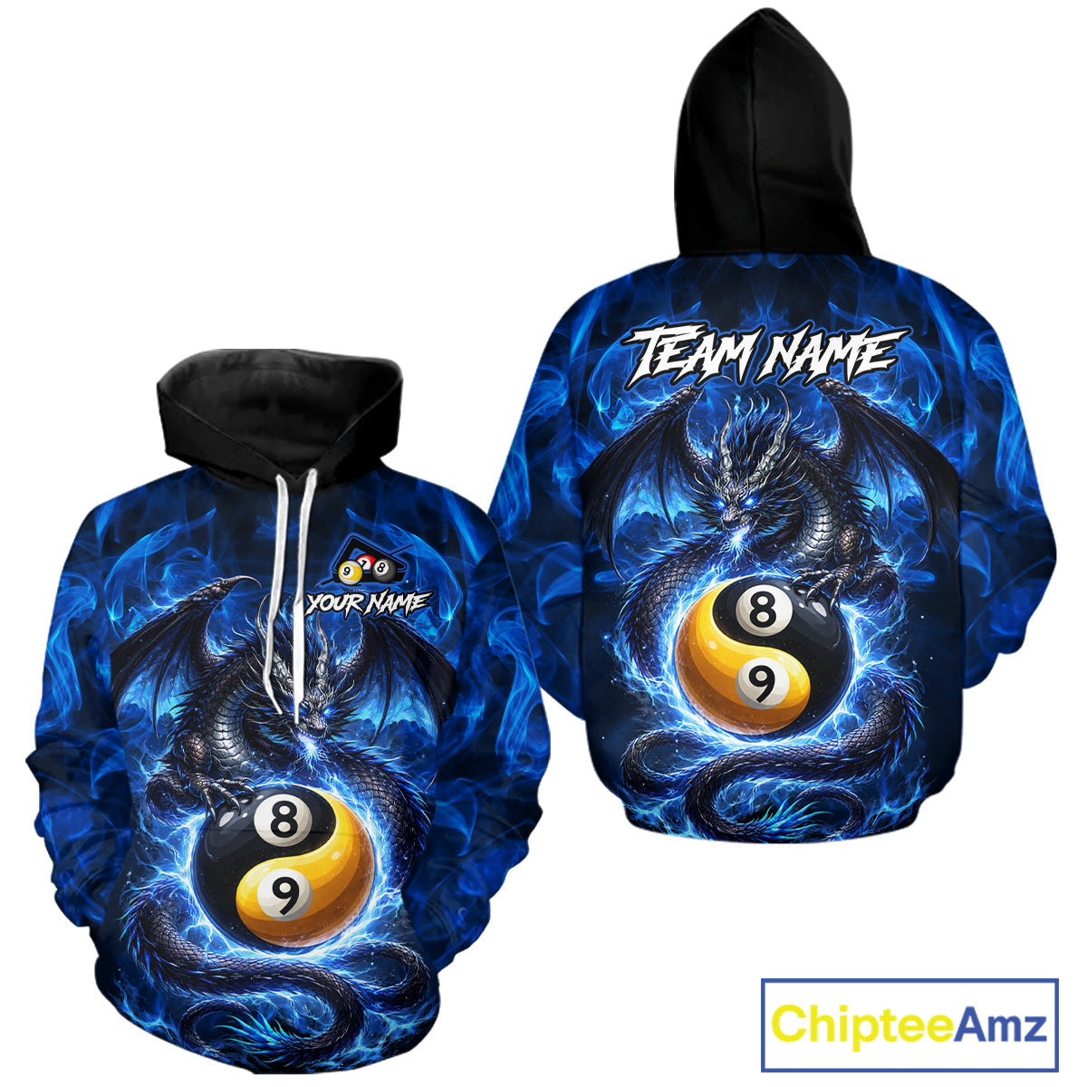 Custom Blue YinYang Dragon 8 Ball 9 Ball Pool Hoodie Shirt, Billiard Team Hoodie And