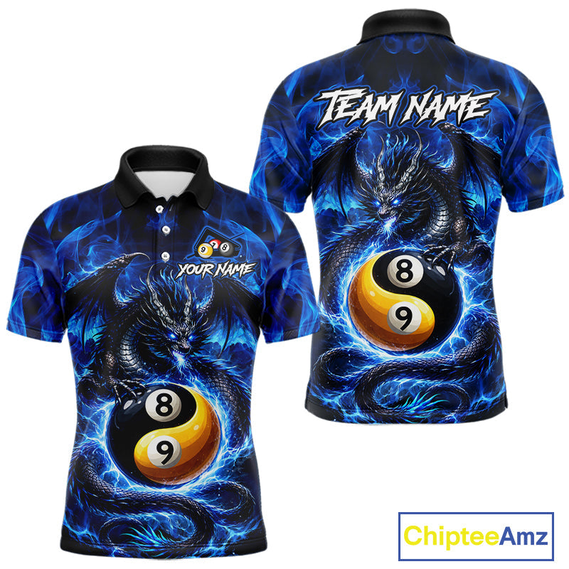 Blue 8 Ball & 9 Ball Fire Yin And Yang Dragon Billiard Shirt Custom Pool Team Jersey