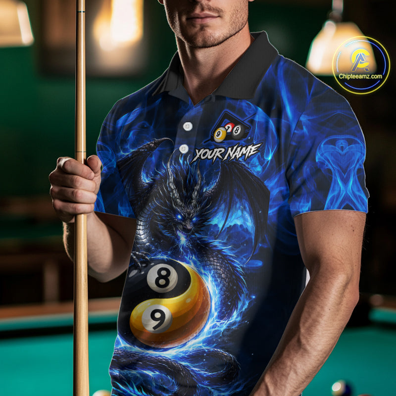 Blue 8 Ball & 9 Ball Fire Yin And Yang Dragon Billiard Shirt Custom Pool Team Jersey