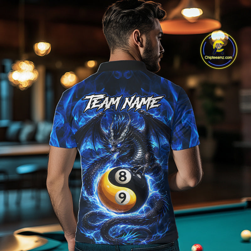 Blue 8 Ball & 9 Ball Fire Yin And Yang Dragon Billiard Shirt Custom Pool Team Jersey
