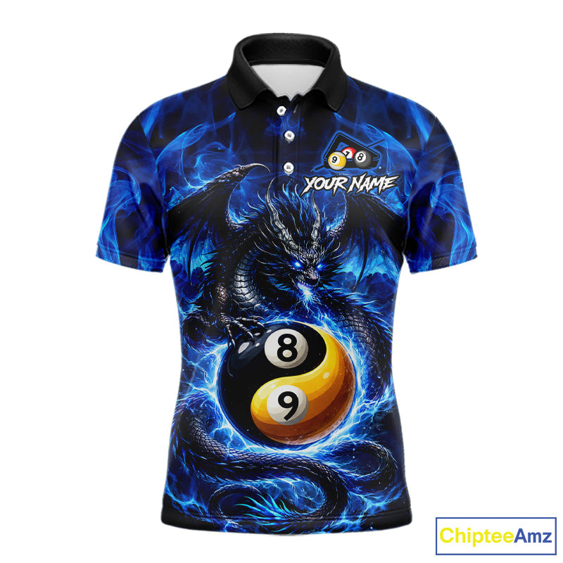 Blue 8 Ball & 9 Ball Fire Yin And Yang Dragon Billiard Shirt Custom Pool Team Jersey
