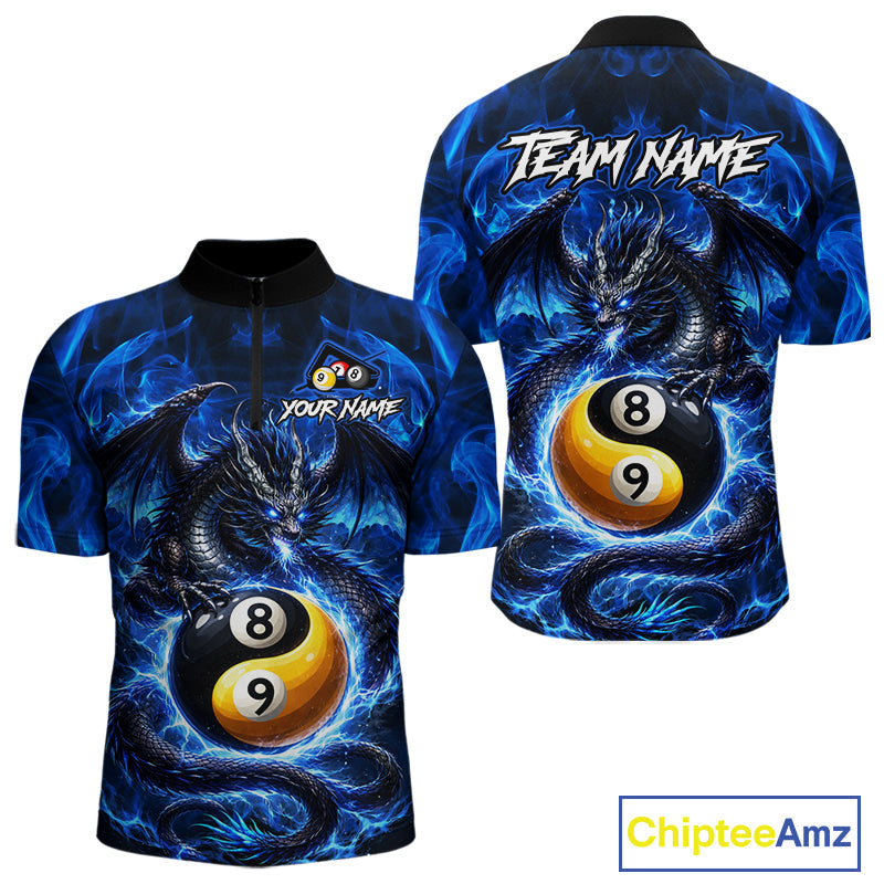 Blue 8 Ball & 9 Ball Fire Yin And Yang Dragon Billiard Shirt Custom Pool Team Jersey
