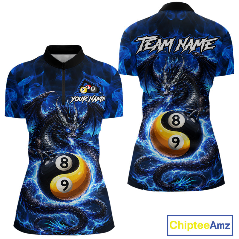 Blue 8 Ball & 9 Ball Fire Yin And Yang Dragon Billiard Shirt Custom Pool Team Jersey