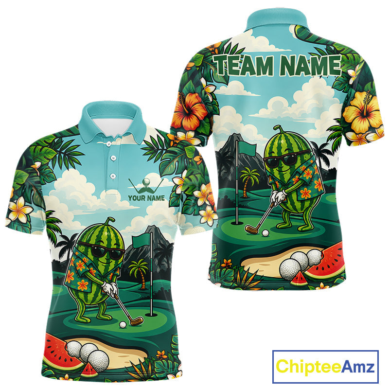 Funny Watermelon Golfer Monstera Tropical Polo Shirts Custom Golf Team Outfits Golf Gifts